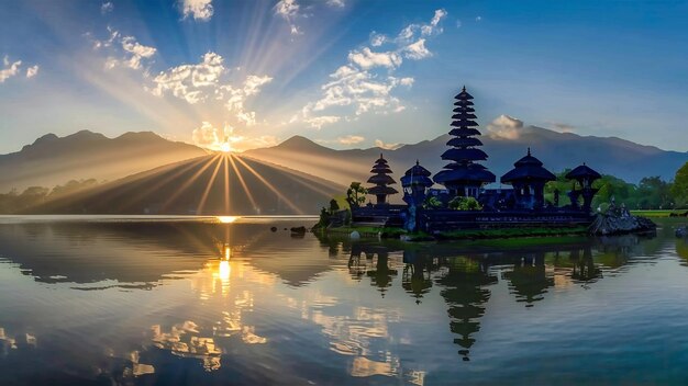 Foto templo hindú de pura ulun danu bratan en el paisaje del lago bratan al amanecer en bali