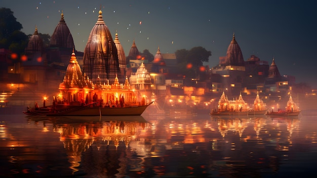 Un templo hindú de Vrindavan con hermosas luces y agua generada por Ai
