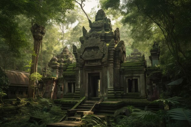 Templo con imponentes pilares y tallas intrincadas en un frondoso bosque verde