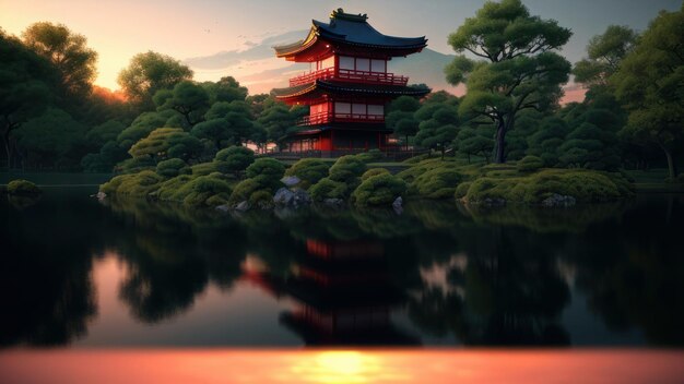 Un templo japonés en el agua con una puesta de sol de fondo