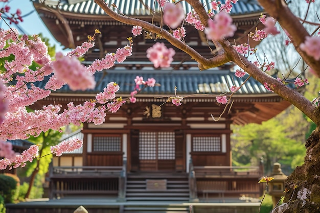 Templo japonés con un árbol de cerezas en primer plano