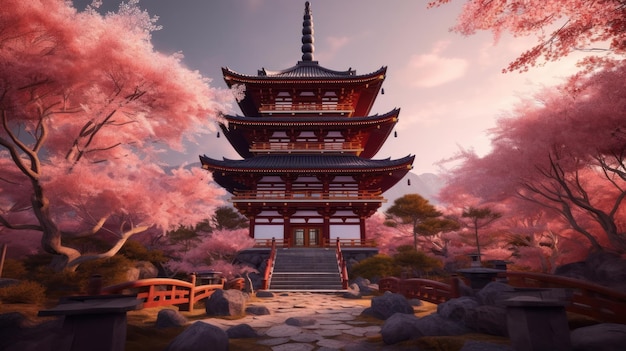 Templo japonés con flor de cerezo de fondo IA generativa