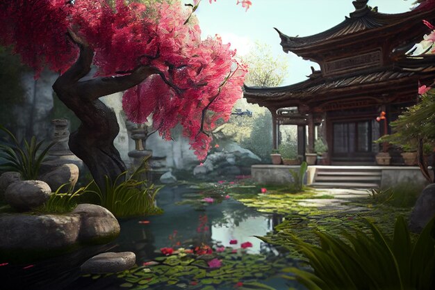 Templo japonés con flores de primavera jardín asiático paisaje pintoresco con lecho de flores y
