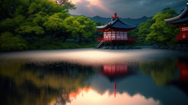 Foto un templo japonés en el lago.