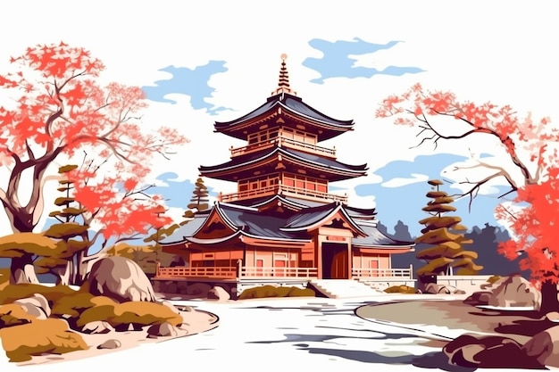 Un templo japonés en un paisaje japonés