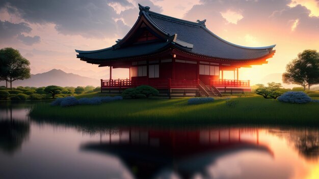 Un templo japonés con una puesta de sol de fondo.