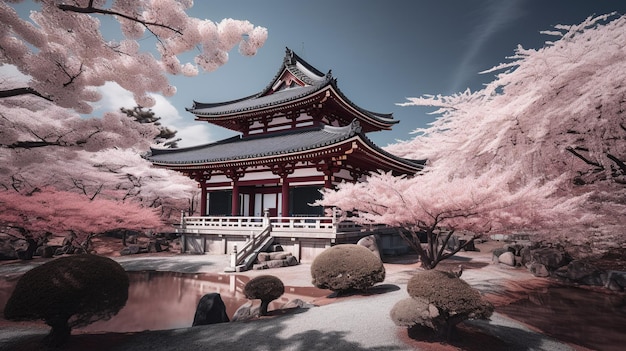 Un templo en un jardín japonés con flores rosas.