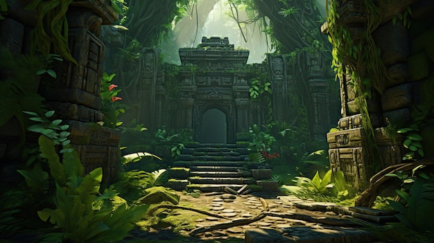 un templo en la jungla con una jungla verde en el fondo.