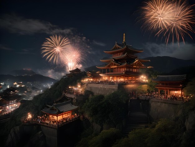 Templo de Kiyomizudera y fuegos artificiales por la noche Kyoto Japón