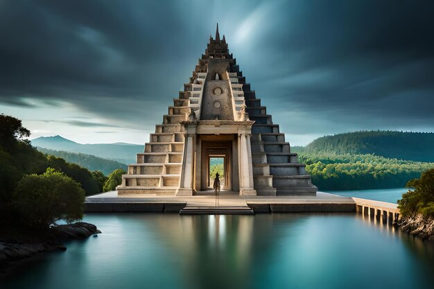 un templo con un lago en el fondo