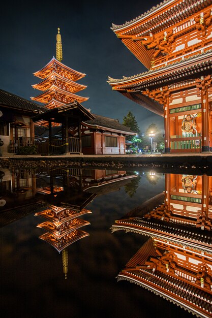 Foto templo de la lámpara roja en la noche