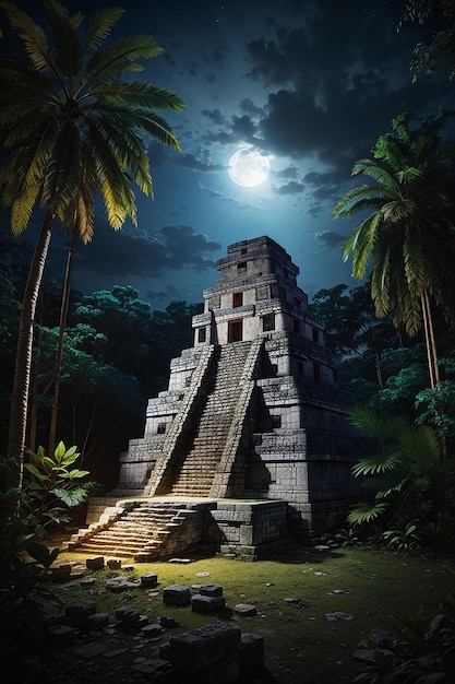 Templo maya con ambiente nocturno