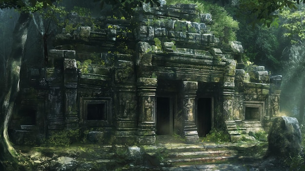 Templo místico escondido en lo profundo de la selva sus antiguas piedras ecoando cuentos de antiguos rituales y leyendas