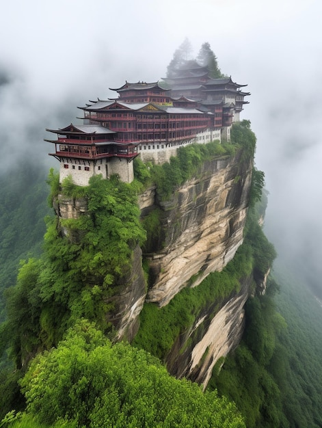 Un templo en una montaña con un cielo brumoso