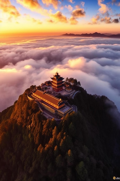 Un templo en una montaña con nubes en el fondo