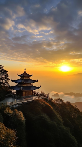 Un templo en una montaña con el sol poniéndose detrás