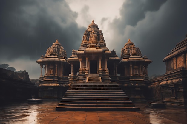 Un templo en las nubes con un cielo oscuro detrás