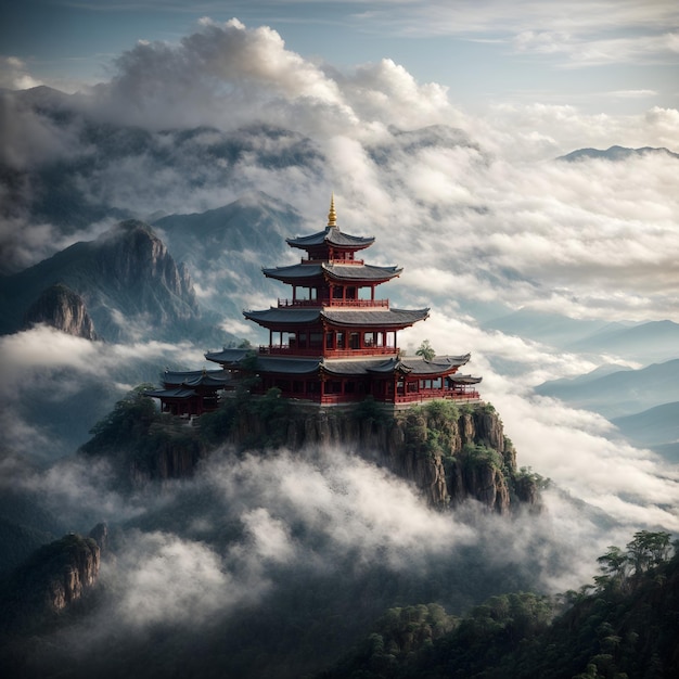 Templo en las Nubes Majestuosa Vista a la Montaña
