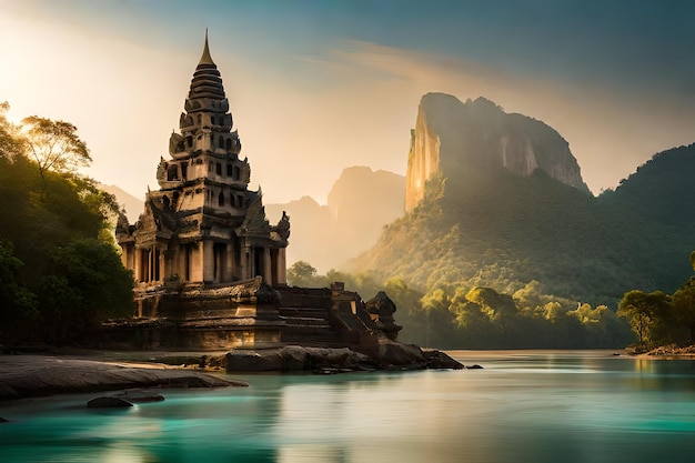 Foto un templo a orillas de un río