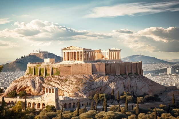 Foto templo del partenón en la cima de la colina la acrópolis de atenas grecia generativo ai