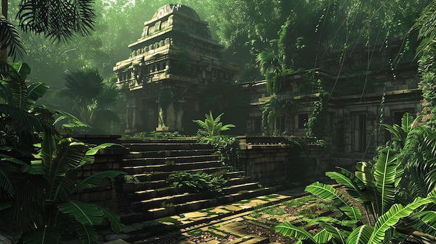 Un templo perdido hace mucho tiempo escondido en lo profundo de la selva el templo está cubierto de vides y musgo y el aire está espeso con el sonido de los insectos