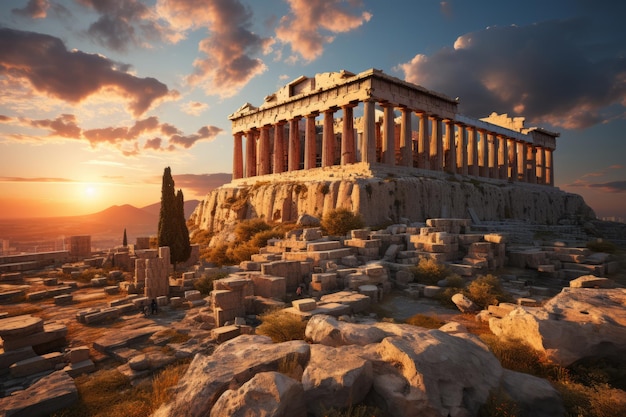 Templo de Poseidón en el Cabo Sounion al atardecer Grecia Foto de alta calidad