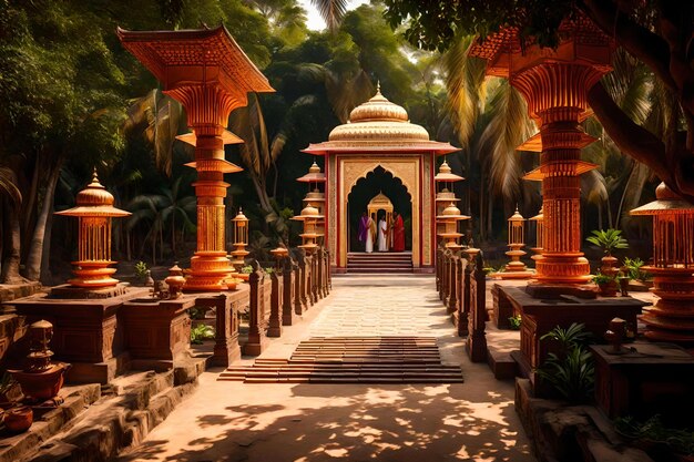 Foto un templo con una puerta roja y un árbol en el fondo