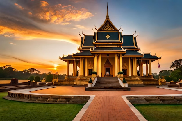 un templo con una puesta de sol detrás