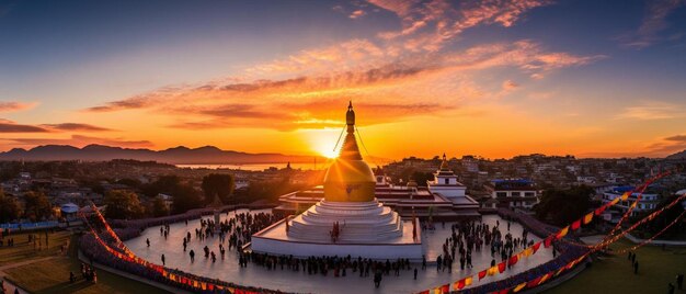 Foto un templo con una puesta de sol en el fondo