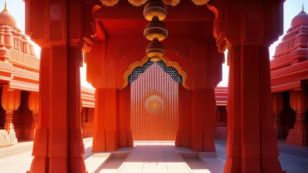 Un templo rojo con una puerta grande y una puerta grande que dice 'el nombre del templo'