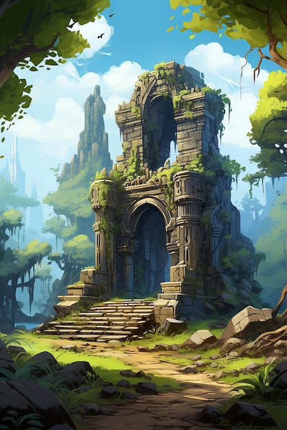 Un templo en ruinas en la jungla creado en software 2d