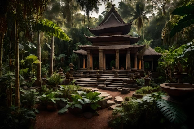 Un templo en la selva con un bosque tropical al fondo.