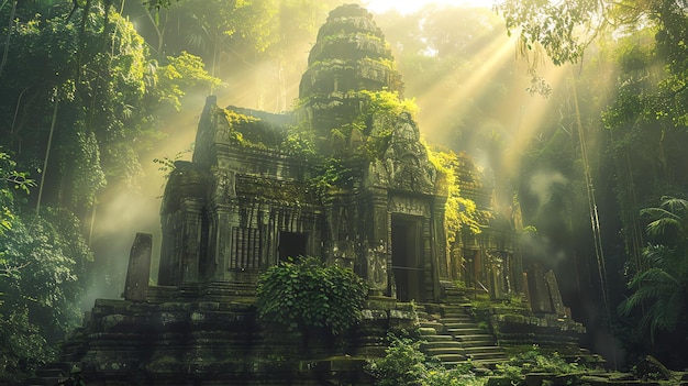 un templo con un sol brillando a través de los árboles
