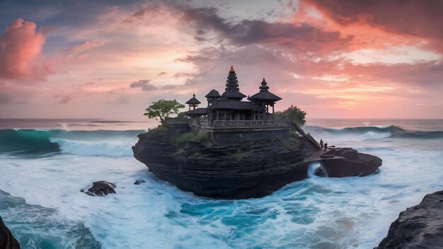 Foto el templo de tanah lot con fuertes olas indonesia