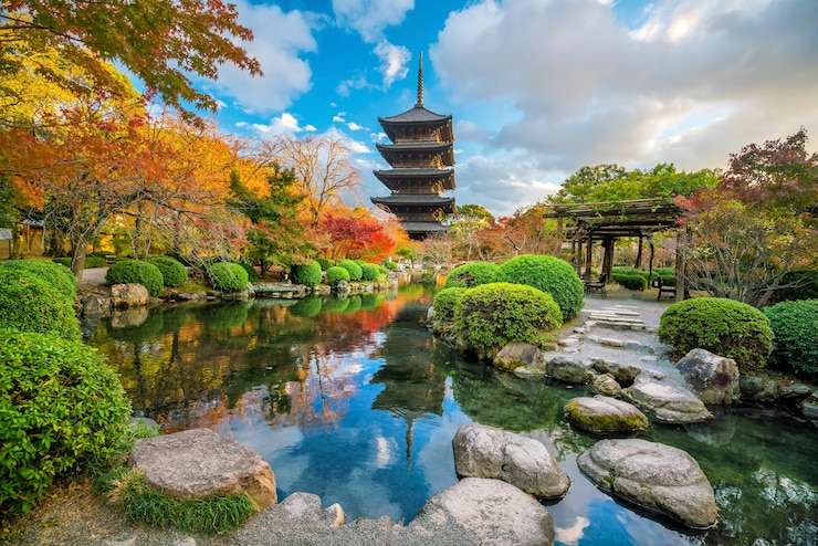 Foto templo toji e pagode de madeira no outono de kyoto, pôr do sol no japão
