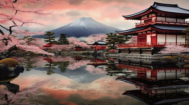 un templo tradicional japonés a la derecha con la tradicional puerta roja Mont Fuji a la izquierda