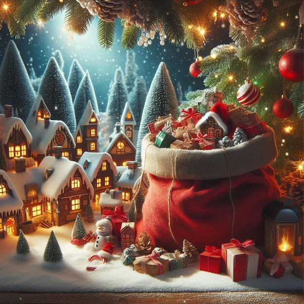 Templo de vacaciones de Navidad gratis con un saco rojo lleno de regalos y una aldea de invierno