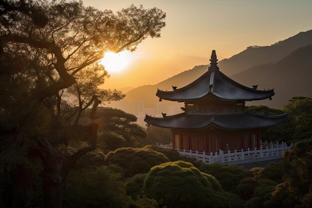 Templo con vista a la puesta de sol detrás de las colinas y árboles circundantes