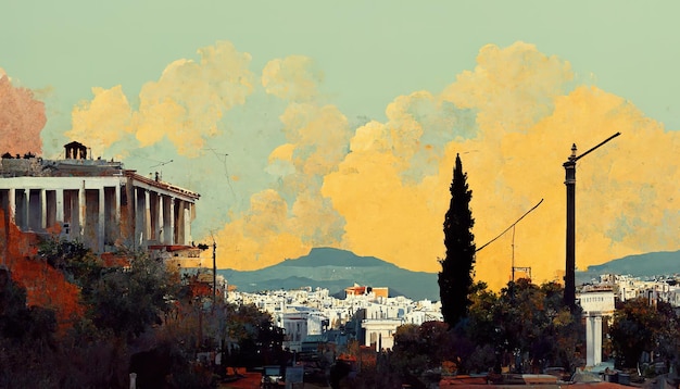 Templos y calles atenienses emblemáticos de Atenas Ilustración de pintura