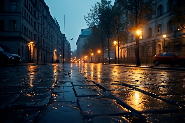 Tempo chuvoso em uma rua de edifícios tempo frio em um dia chuvoso com céus escuros gotas perdidas