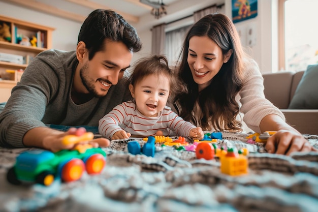 Tempo de diversão em família mãe e pai brincando com sua filha e criando lembranças felizes de infância