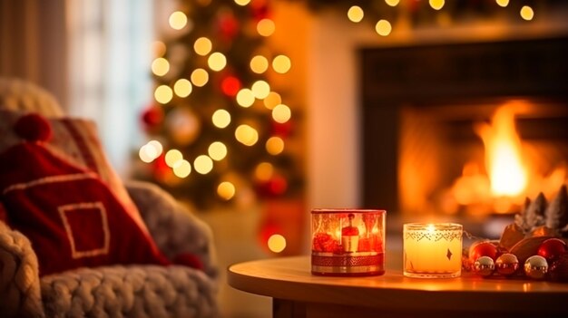 Tempo de férias de decoração de Natal e decorações de atmosfera acolhedora em estilo de casa de campo na casa de campo inglesa com árvore de Natal e lareira na ideia de férias de inverno de fundo