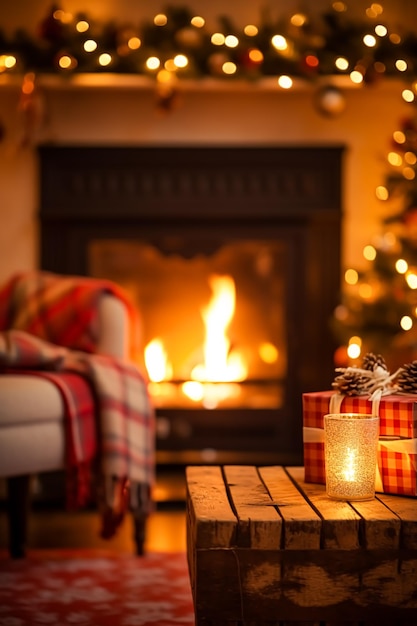 Tempo de férias de decoração de Natal e decorações de atmosfera acolhedora em estilo de casa de campo na casa de campo inglesa com árvore de Natal e lareira na ideia de férias de inverno de fundo