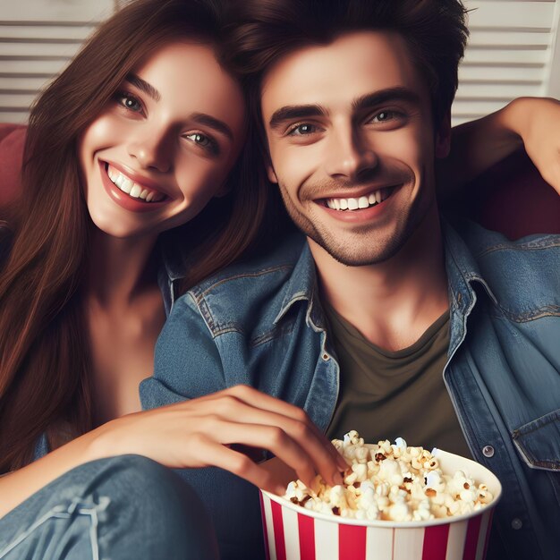 Foto tempo de filme romântico jovem casal compartilhando pipoca em um encontro
