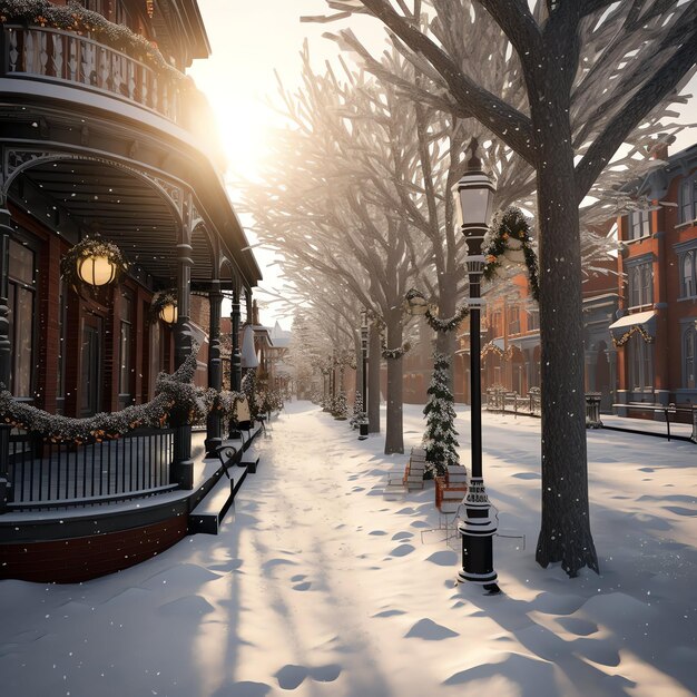 Foto tempo de natal ao ar livre no inverno rua coberta de neve com luz nas casas à noite cena de natal na cidade