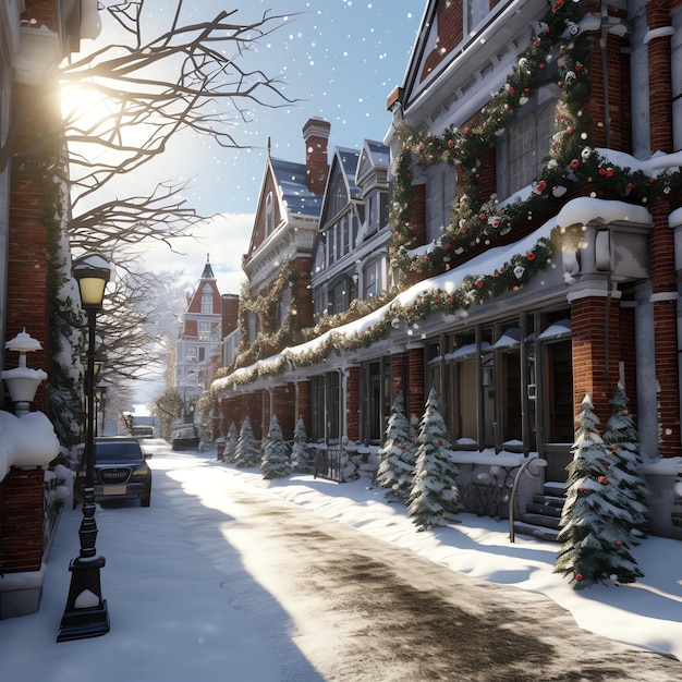 Tempo de Natal ao ar livre no inverno rua coberta de neve com luz nas casas à noite cena de Natal na cidade