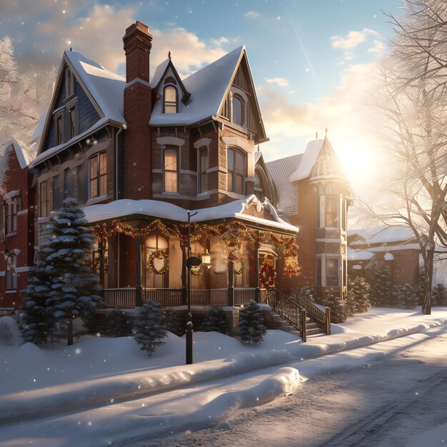 Foto tempo de natal ao ar livre no inverno rua coberta de neve com luz nas casas à noite cena de natal na cidade