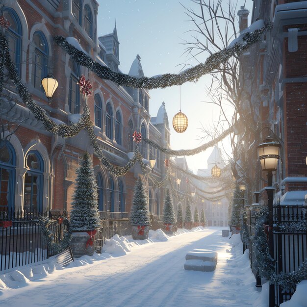 Foto tempo de natal ao ar livre no inverno rua nevada com luz nas casas à noite cena de natal na cidade