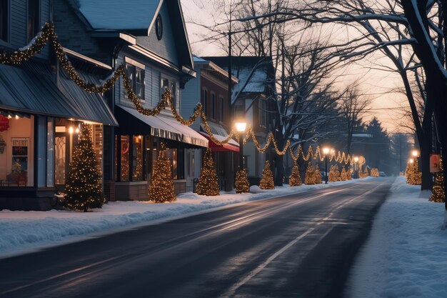 Tempo de Natal ao ar livre no inverno rua nevada com luz nas casas à noite cena de Natal na cidade