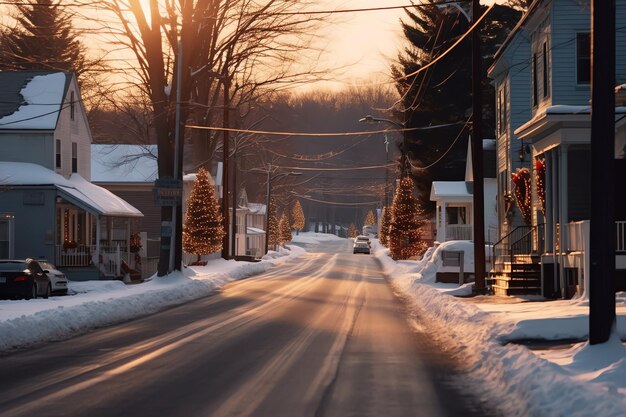 Tempo de natal ao ar livre no inverno rua nevada com luz nas casas à noite cena de natal na cidade